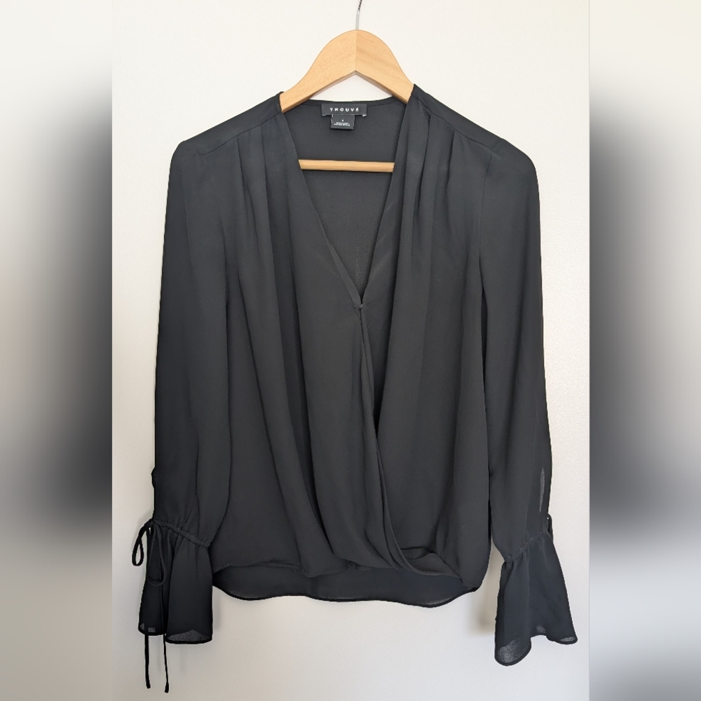 Black Trouvé long sleeve blouse with draped faux wrap front and tie sleeves
